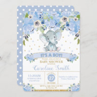 Elephant Blue Floral Baby Shower Baby Boy Invitation