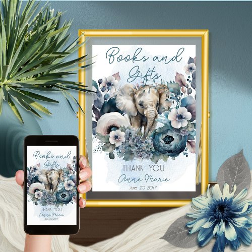 Elephant Blue Floral Baby Shower Books and Gifts Poster