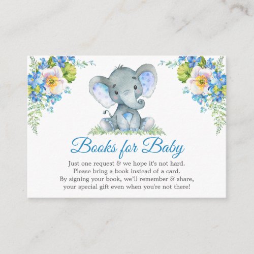 Elephant Blue Floral Baby Shower Books For Baby Enclosure Card