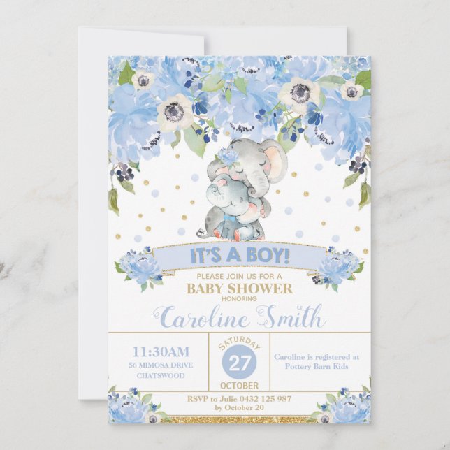 Elephant Blue Floral Baby Shower Boy Mom and Baby  Invitation (Front)