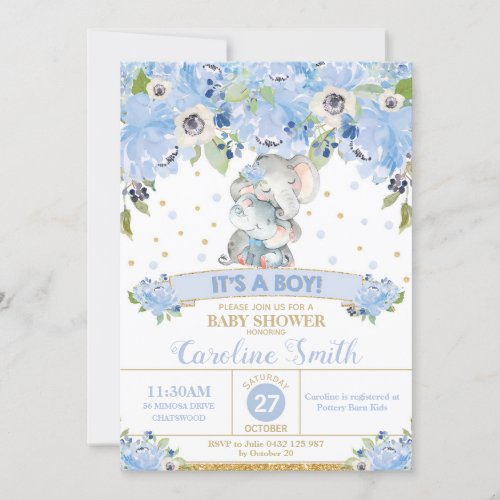 Elephant Blue Floral Baby Shower Boy Mom and Baby  Invitation