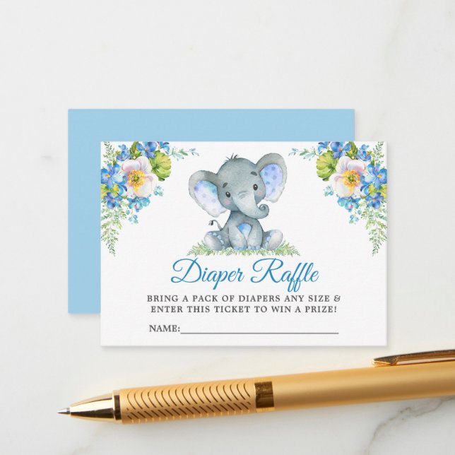 Elephant Blue Floral Baby Shower Diaper Raffle Enclosure Card (Front/Back In Situ)