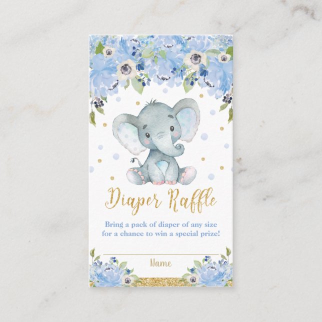 Elephant Blue Floral Baby Shower Diaper Raffle Enclosure Card (Front)