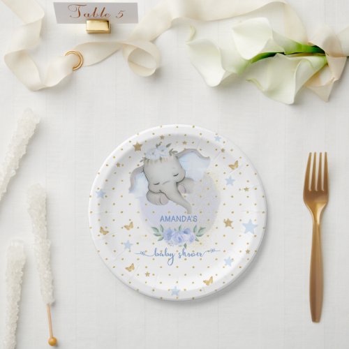 Elephant Blue Floral Boho Baby Boy Shower Paper Plates