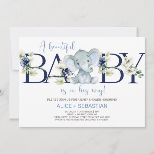 Elephant blue floral boy baby shower invitation invitation