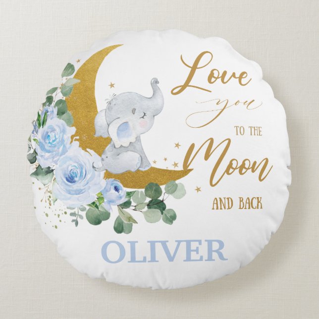 Elephant Blue Floral Love you to the Moon and Back Round Pillow (Front)