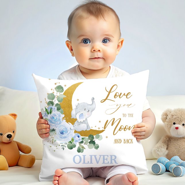 Elephant Blue Floral Love you to the Moon and Back Throw Pillow (Creator Uploaded)