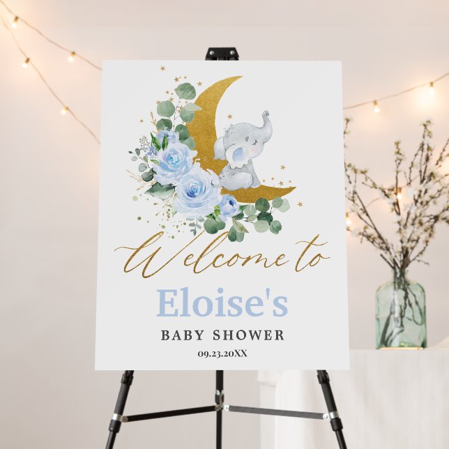 Elephant Blue Floral Moon Baby Shower Welcome  Foam Board (In Situ (Stand))