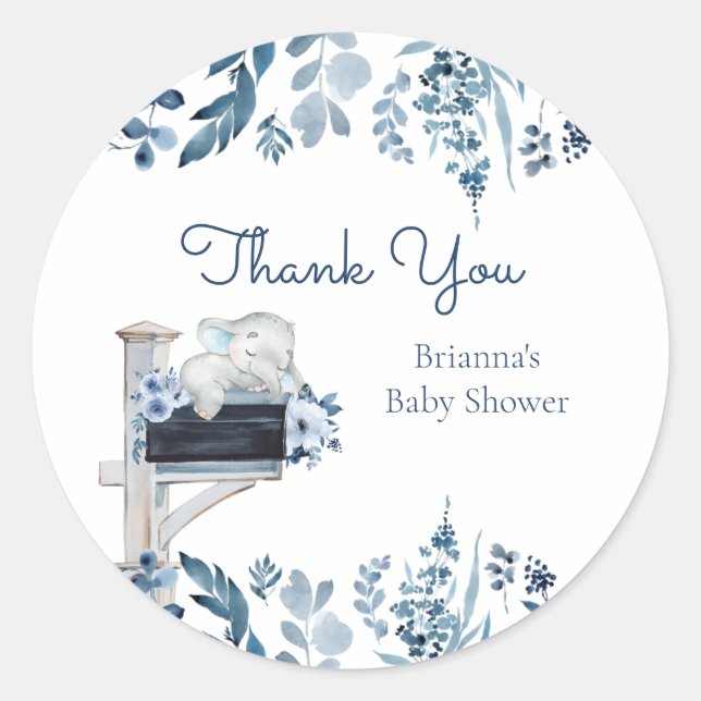 Elephant Blue Flowers Baby Shower by Mail Classic Round Sticker (Front)