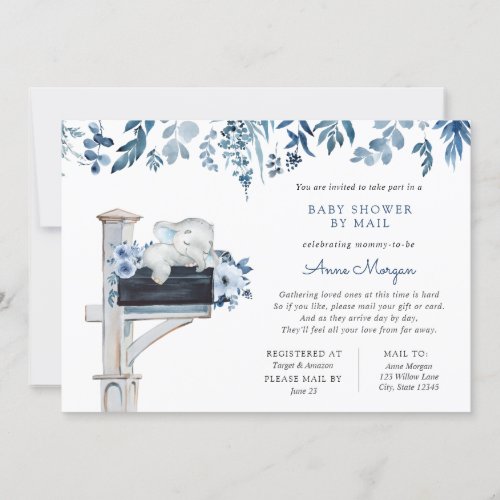 Elephant Blue Flowers Baby Shower by Mail Invitation