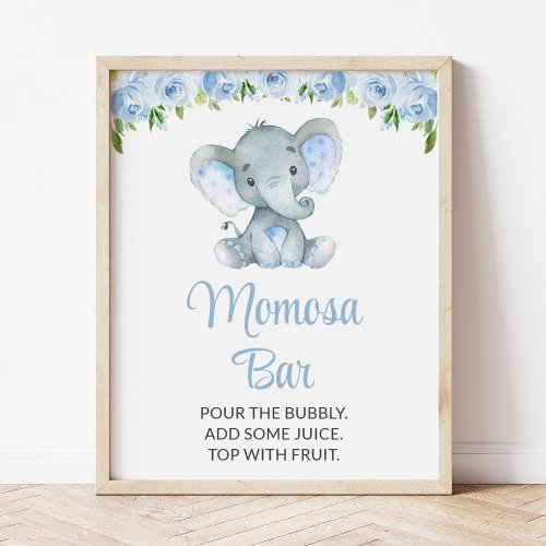 Elephant Blue Flowers Baby Shower Momosa Bar Poster