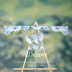 Elephant, Blue Flowers, First Birthday Welcome Acrylic Sign