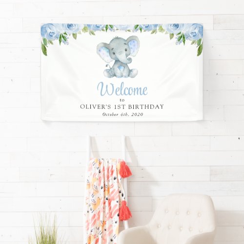 Elephant Blue Flowers First Birthday Welcome Banner