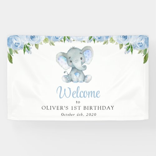 Elephant Blue Flowers First Birthday Welcome Banner