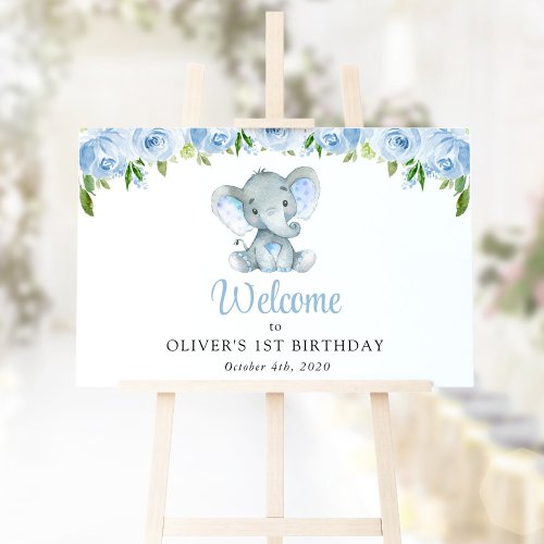 Elephant Blue Flowers First Birthday Welcome Poster