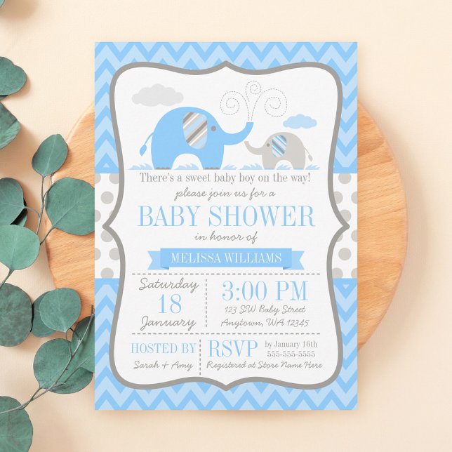 Elephant Blue Gray Baby Shower Invitations (Creator Uploaded)