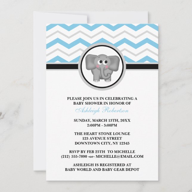 Elephant Blue Gray Chevron Baby Shower Invitations (Front)