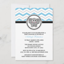 Elephant Blue Gray Chevron Baby Shower Invitations