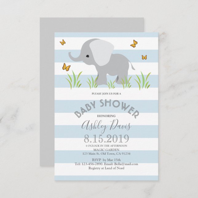 Elephant Blue Grey Boy Baby Shower Invite (Front/Back)
