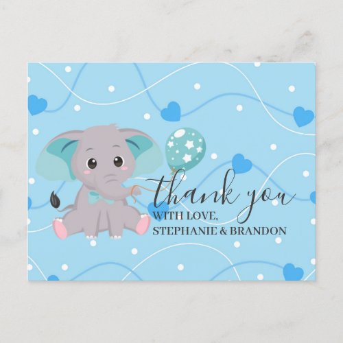 Elephant Blue hearts Balloons Thank You  Card