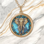 Elephant Blue Mosaic Stained Glass Gold Plated Necklace<br><div class="desc">On this unique necklace is an image of a gray brown elephant walking toward the viewer with a blue mosaic stained glass style background. An ornate design border adds elegance to the perimeter. Be sure to see the matching earrings and key chain in our store.</div>