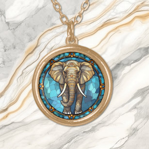 Elephant Blue Mosaic Stained Glass Gold Plated Necklace