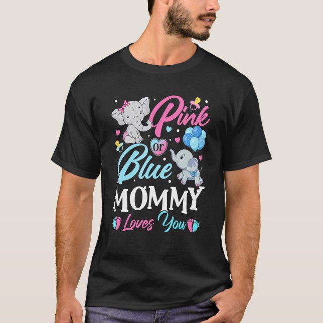 Elephant Blue Pink Mommy Loves You Pregnancy Revea T-Shirt (Front)