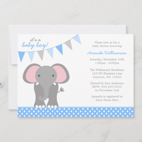 Elephant Blue Polka Dot Banner Boy Baby Shower Invite