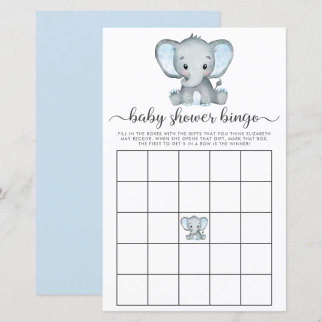 Elephant Blue Watercolor Baby Bingo Shower Game (Front/Back)