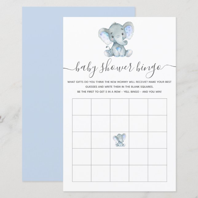 Elephant Blue Watercolor Baby Bingo Shower Game (Front/Back)