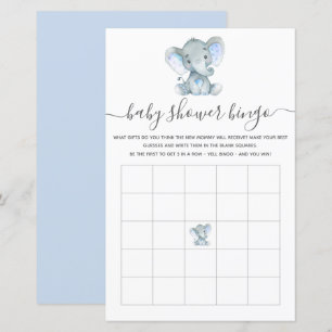 Elephant Blue Watercolor Baby Bingo Shower Game