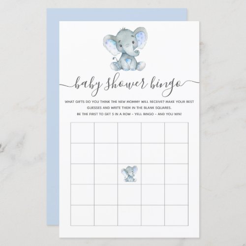 Elephant Blue Watercolor Baby Bingo Shower Game
