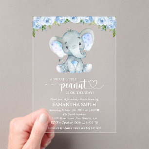 Elephant, Blue Watercolor Flowers, Baby Shower Acrylic Invitations