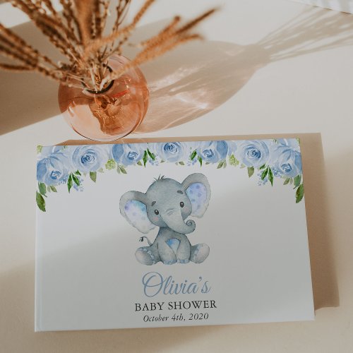Elephant Blue Watercolor Flowers Baby Shower Guest Book