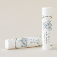 Elephant, Blue Watercolor Flowers, Baby Shower Lip Balm