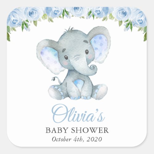 Elephant Blue Watercolor Flowers Baby Shower Square Sticker