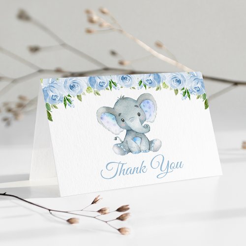 Elephant Blue Watercolor Flowers Baby Shower Thank You Card