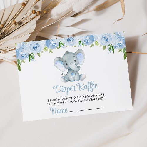 Elephant Blue Watercolor Flowers Diaper Raffle Enclosure Card