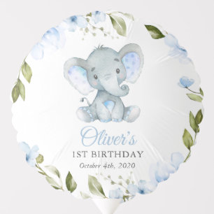 Elephant, Blue Watercolor Flowers, First Birthday Balloon
