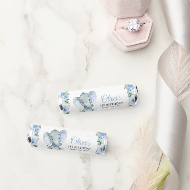 Elephant, Blue Watercolor Flowers, First Birthday Breath Savers® Mints (Wedding)