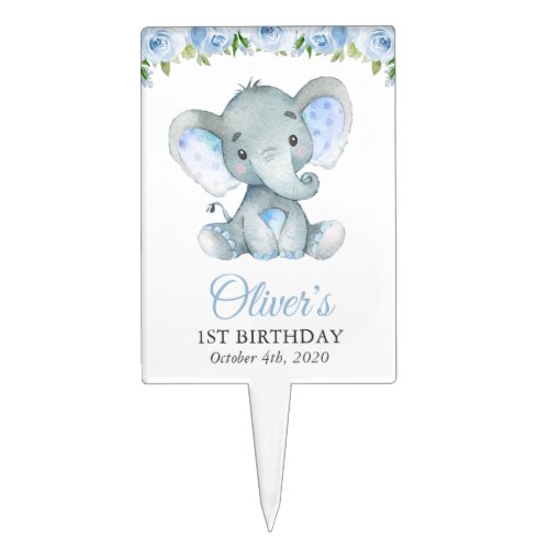 Elephant Blue Watercolor Flowers First Birthday Cake Topper