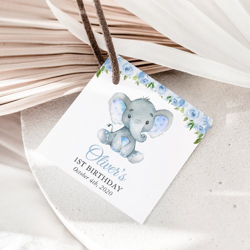 Elephant Blue Watercolor Flowers First Birthday Favor Tags