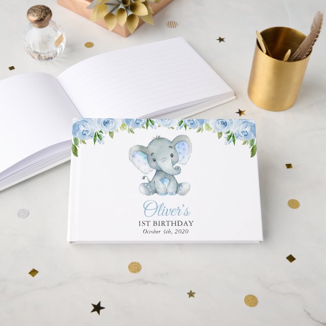 Elephant, Blue Watercolor Flowers, First Birthday Guest Book (Front Open)