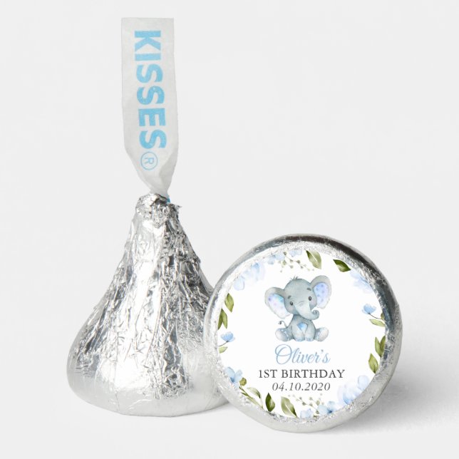 Elephant, Blue Watercolor Flowers, First Birthday Hershey®'s Kisses® (Front)