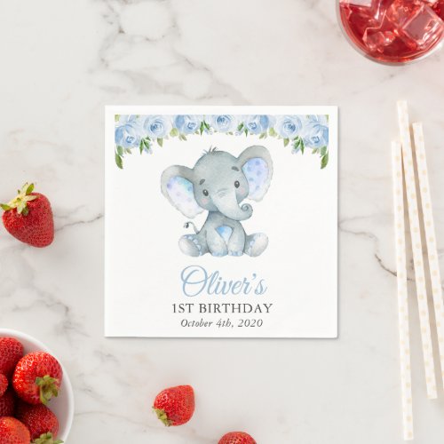 Elephant Blue Watercolor Flowers First Birthday Napkins