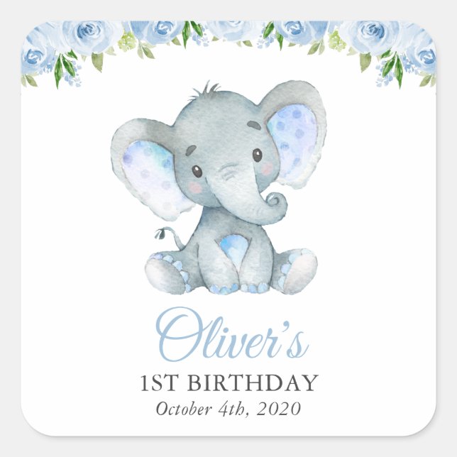 Elephant, Blue Watercolor Flowers, First Birthday Square Sticker (Front)