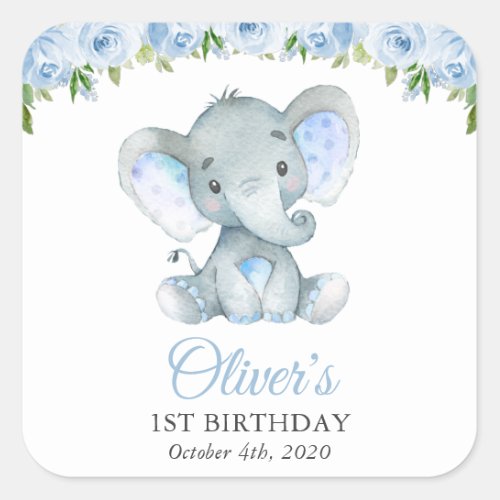 Elephant Blue Watercolor Flowers First Birthday Square Sticker