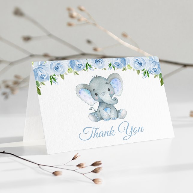 Elephant, Blue Watercolor Flowers, First Birthday Thank You Card (Creator Uploaded)