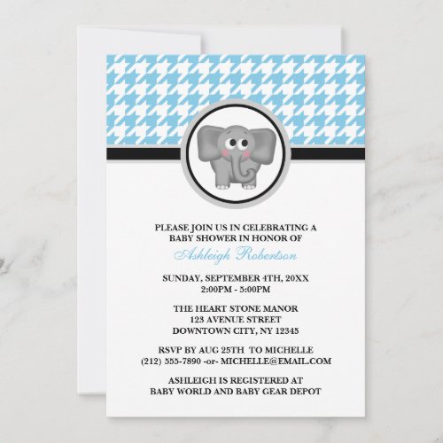 Elephant Blue &amp; White Houndstooth Baby Shower Invitations