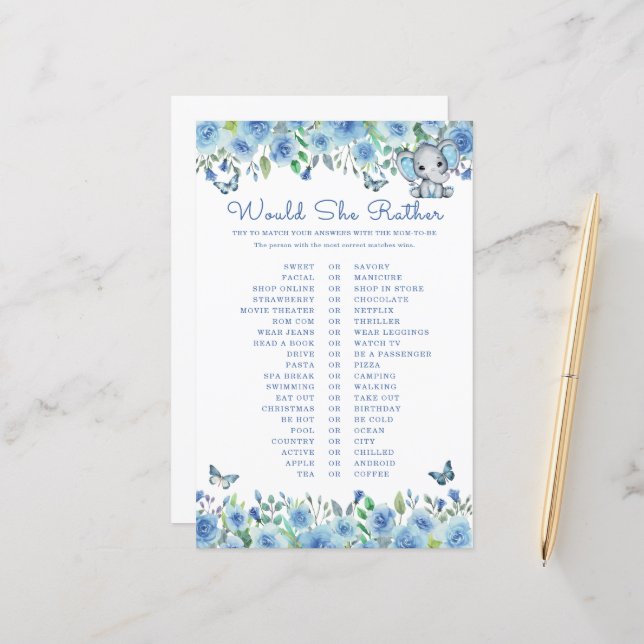 Elephant Blue Would She Rather Baby Shower Game (Front/Back In Situ)